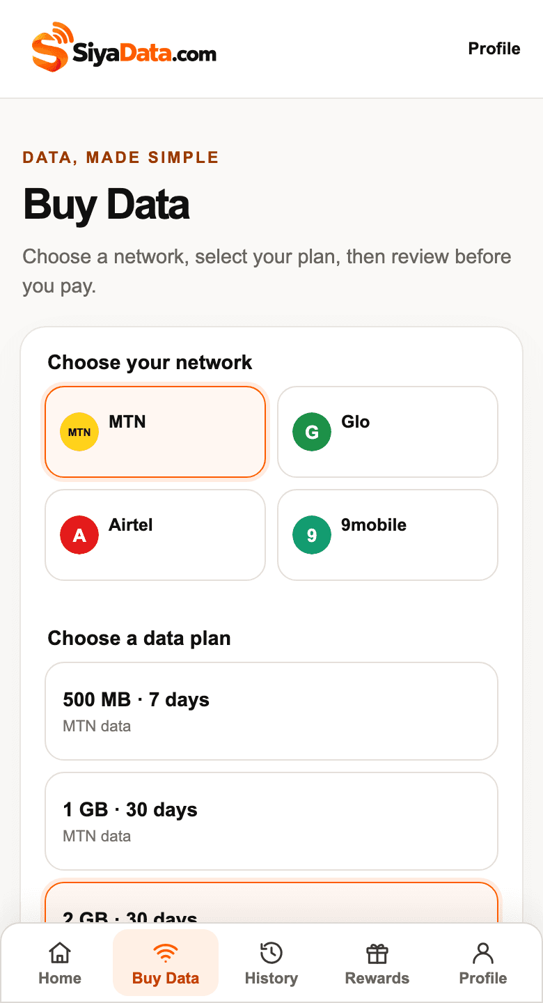 SiyaData Buy Data screen: choose a network, then pick a data plan